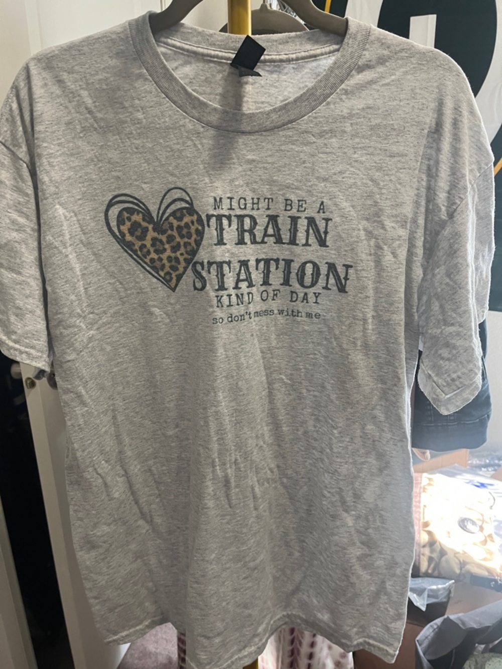 Gildan Gray Short Sleeve Tee with Leopard Heart Graphic
